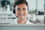 Call center, man and customer service consultant portrait with headphone for contact us or crm. Telemarketing, online support and sales person smile in office for communication with help desk headset
