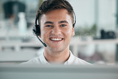 Buy stock photo Call center, man and customer service consultant portrait with headphone for contact us or crm. Telemarketing, online support and sales person smile in office for communication with help desk headset