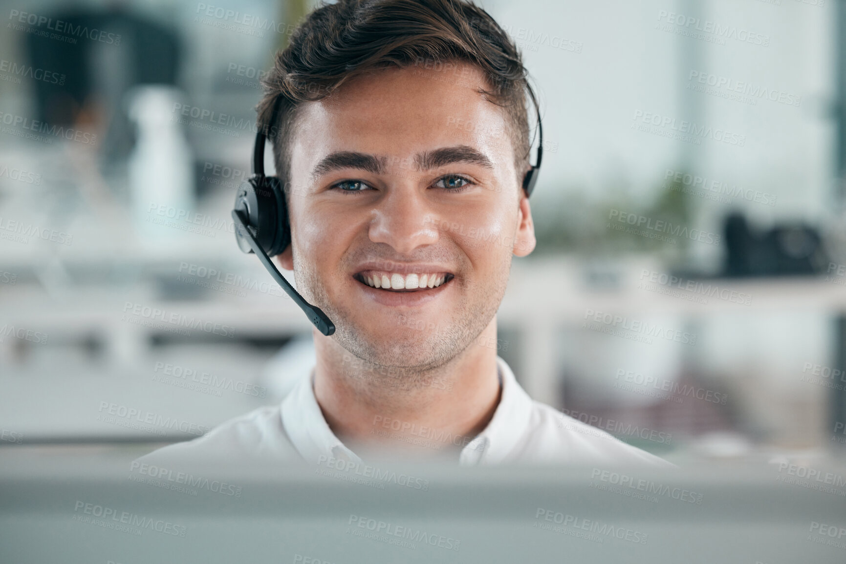Buy stock photo Call center, man and customer service consultant portrait with headphone for contact us or crm. Telemarketing, online support and sales person smile in office for communication with help desk headset