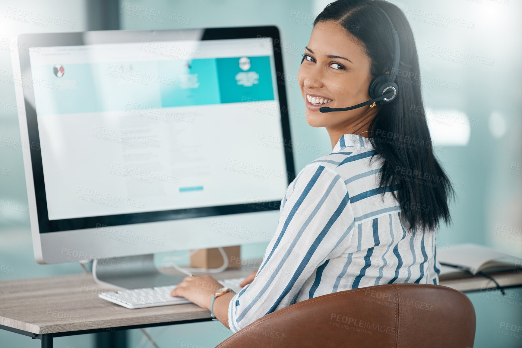 Buy stock photo Call center, portrait and woman on computer for crm, telemarketing and customer service in office. Face, worker and contact us, customer support or online help by girl consultant, friendly and smile