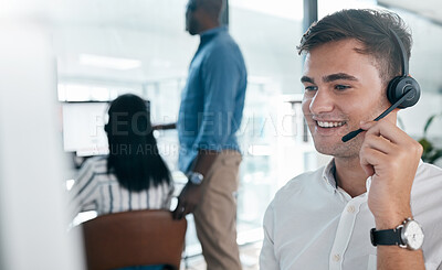 Buy stock photo Call center worker, call and crm business man conversation at a computer working on support call. Telemarketing, company networking and contact us consultant on a digital consultation for tech help