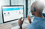 Call center, computer screen and black man in customer service, crm and telemarketing office. Man consultant talking with hands at pc for sales, contact us and online support or IT solution advice 