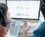 Call center team, computer and talking while planning with document for customer service, crm and telemarketing. Consultant men at pc with training for sales, contact us and online support or advice