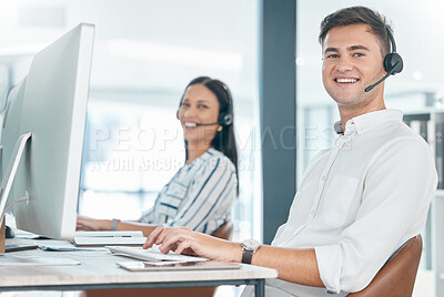 Buy stock photo Call center, computer and team portrait for customer service, crm and telemarketing in office. Man and woman consultant at pc while happy about sales, contact us and online support or IT advice