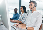 Call center, agent and telemarketing company, team and teamwork in an office or workplace working together. Contact us, customer service and consultant in collaboration happy with their job