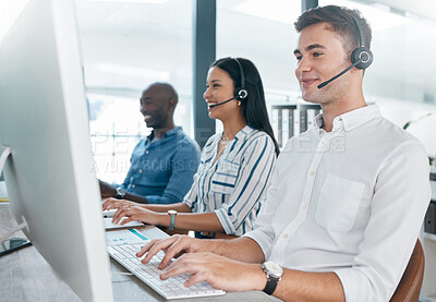 Buy stock photo Call center, agent and telemarketing company, team and teamwork in an office or workplace working together. Contact us, customer service and consultant or people in collaboration happy with their job