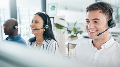 Buy stock photo Call center, customer service and happy team for support, crm and telemarketing in office. Men and woman consultant at pc with a smile for sales target, contact us and online advice with teamwork