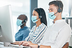 Covid, health and call center employees with face mask, safety and protection against virus with job healthcare compliance. Customer service, CRM and contact us with phone call, corona and diversity