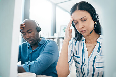 Buy stock photo Headache, tired and call center employees with stress, burnout and anxiety from telemarketing. Mental health, sad and customer service workers frustrated with web support, communication and problem