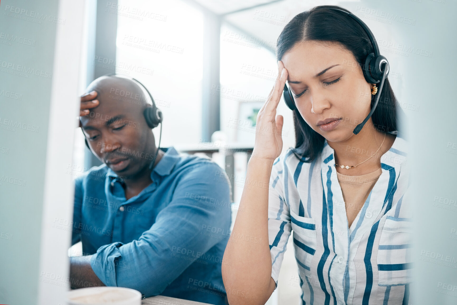 Buy stock photo Headache, tired and call center employees with stress, burnout and anxiety from telemarketing. Mental health, sad and customer service workers frustrated with web support, communication and problem