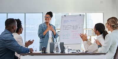 Buy stock photo Business presentation, proud black woman and office training with success and clapping from crowd. Management, conference room and sales team working on a speaker coaching on innovation strategy