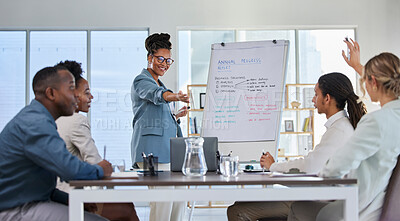 Buy stock photo Business presentation, black woman leader and office training with teamwork and staff question. Management, conference room and sales team working with manager to problem solve for company strategy