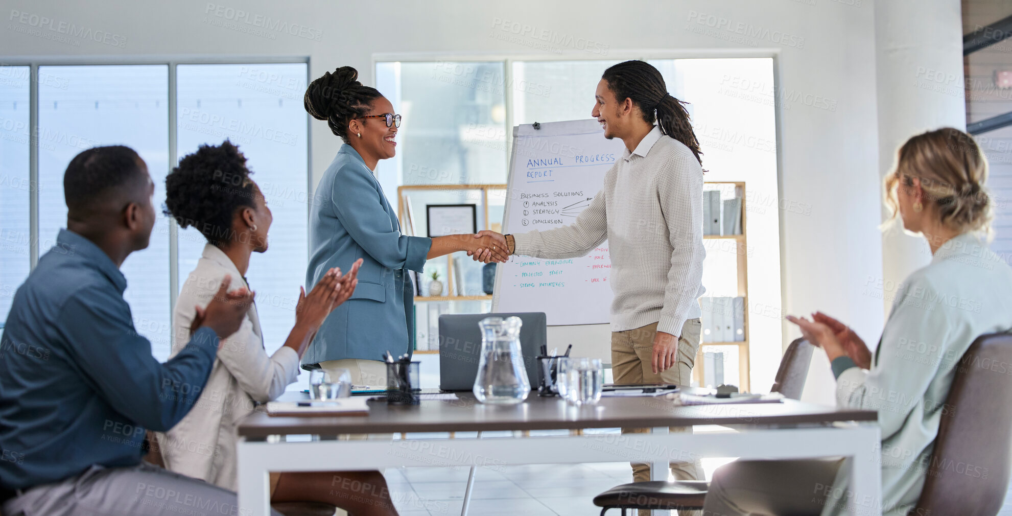 Buy stock photo Business handshake, black woman deal and office training with success and clapping from crowd. Management, conference room and sales team working on a speaker coaching on innovation strategy