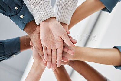 Buy stock photo Diversity, collaboration and team stack of hands for celebration, motivation or partnership. Multiracial, teamwork and business people celebrating together for success, achievement or goal in office.
