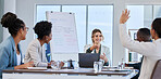 Questions, leadership or business people in a meeting or presentation asking faq or giving creative ideas. Team work, hands up or happy woman talking or speaking to employees in a group collaboration
