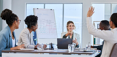 Buy stock photo Questions, leadership or business people in a meeting or presentation asking faq or giving creative ideas. Team work, hands up or happy woman talking or speaking to employees in a group collaboration