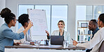 Faq, leadership or business people in a meeting or presentation asking questions or giving creative ideas. Team work, hands up or happy woman talking or speaking to employees in a group collaboration