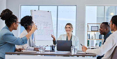 Buy stock photo Faq, leadership or business people in a meeting or presentation asking questions or giving creative ideas. Team work, hands up or happy woman talking or speaking to employees in a group collaboration