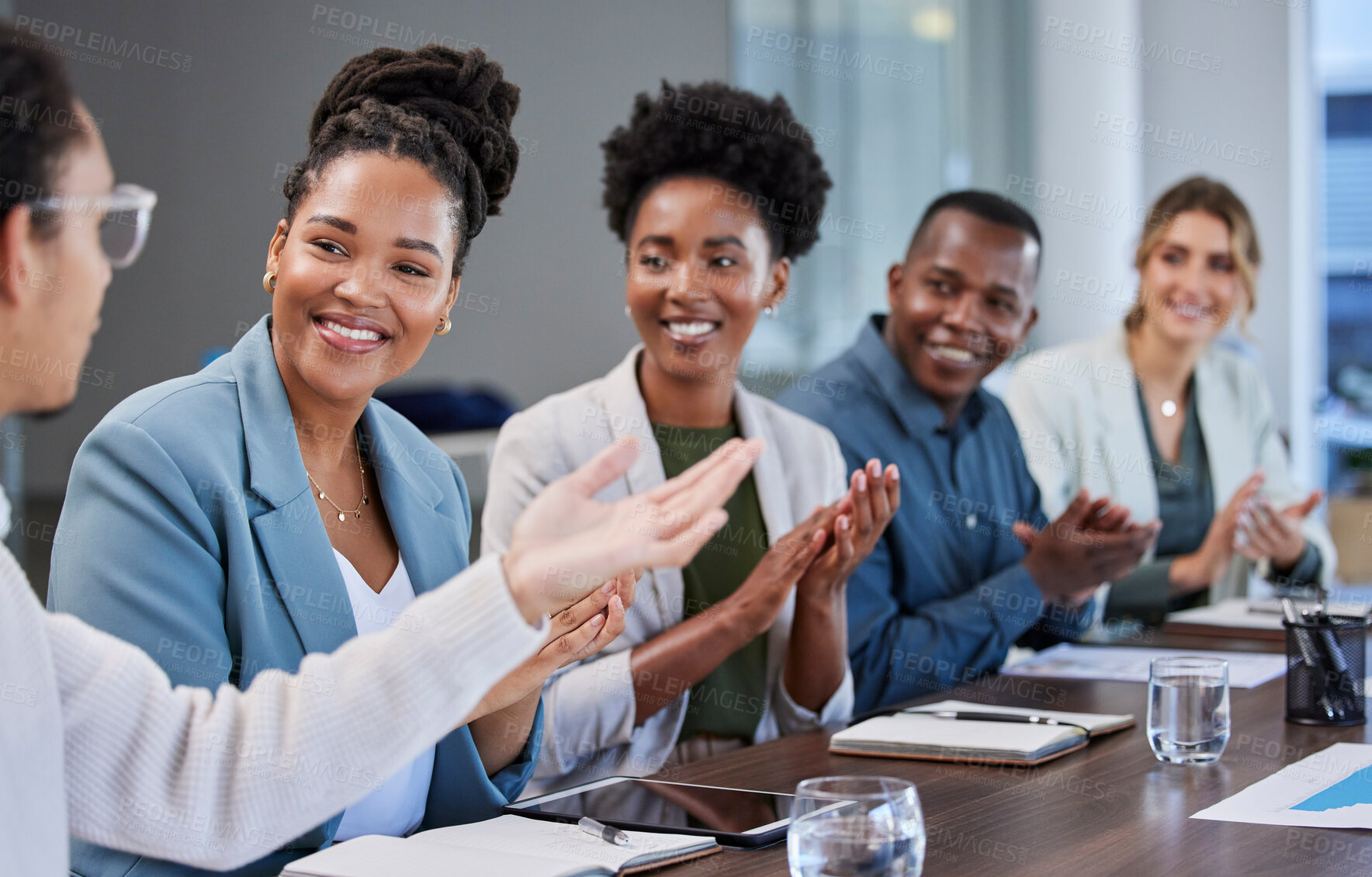 Buy stock photo Presentation, success or applause of business people in a meeting for sales growth, goals or deal. Partnership, collaboration or happy black woman with smile or praise for a manager in leadership