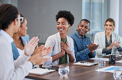 Buy stock photo Black woman, success or applause of business people in a meeting for winner of sales target or goals. Support, thank you or happy African worker with pride or smile after job promotion or achievement