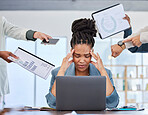 Headache, stress or black woman multitasking documents, portfolio or paperwork for deadlines with anxiety. Bad time management, office chaos or frustrated worker with fatigue, depression or burnout 