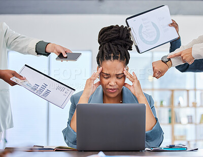Buy stock photo Headache, stress or black woman multitasking documents, portfolio or paperwork for deadlines with anxiety. Bad time management, office chaos or frustrated worker with fatigue, depression or burnout 