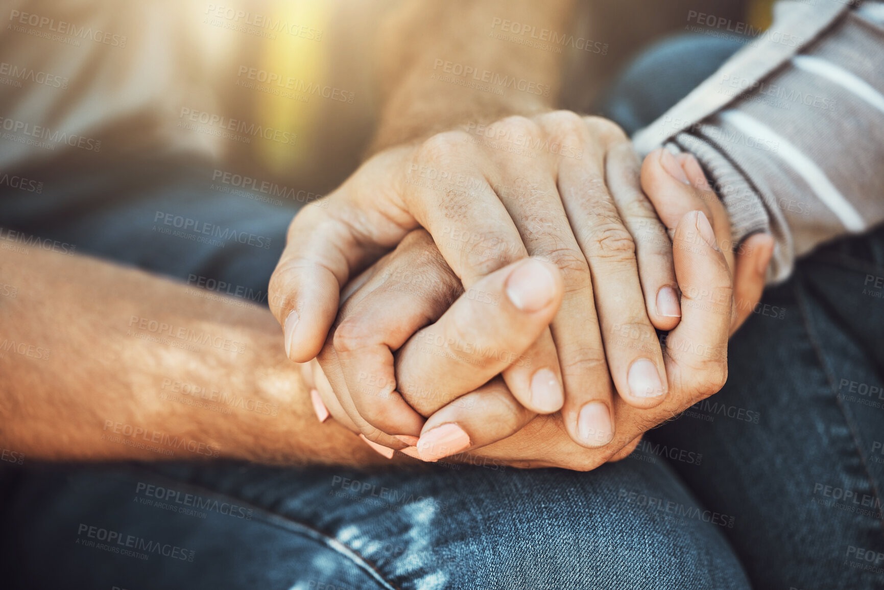 Buy stock photo Couple, love and holding hands for support, trust and affection, romance and care. Valentines day, commitment and man and woman together for unity, union and empathy, romantic bonding or relationship