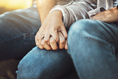 Buy stock photo Love, couple and holding hands for support, trust and affection, romance and care. Valentines, soulmate and man and woman together for unity, union and solidarity, romantic bonding or relationship.