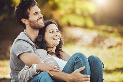 Buy stock photo Couple, love and relax at park, laughing at funny joke or comic comedy and having fun time together outdoors. Valentines day, romance hug and care of happy man and woman sitting on romantic date.