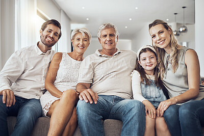Buy stock photo Big family, love and portrait on sofa in home living room, bonding and enjoying quality time together. Relax, care and happy grandparents, father and mother with girl, child or kid relaxing on couch.
