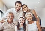 Smile, big family and portrait on sofa in home living room, bonding and enjoying quality time together. Love, care and happy grandparents, father and mother with girl, child or kid relaxing on couch.