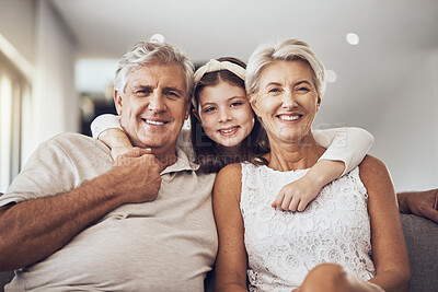 Buy stock photo Relax, portrait or grandparents hug a girl in living room bonding as a happy family in Berlin with love. Retirement, smile or elderly man relaxing old woman with child at home together on fun holiday
