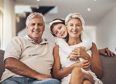 Buy stock photo Love, portrait or grandparents hug a girl in living room bonding as a happy family in Australia with care. Retirement, smile or elderly man relaxing old woman with child at home together on holiday 