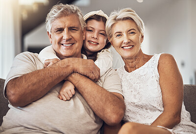 Buy stock photo Portrait, happy family or grandparents hug a girl in living room bonding in Australia with love. Retirement, smile or elderly person relaxing with old woman and child at home together on fun holiday 