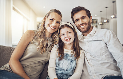 Buy stock photo Portrait, mother or father with a girl as a happy family in living room bonding in Australia with love or care. Child, smile or parents relaxing with a smile enjoying quality time on a fun holiday 