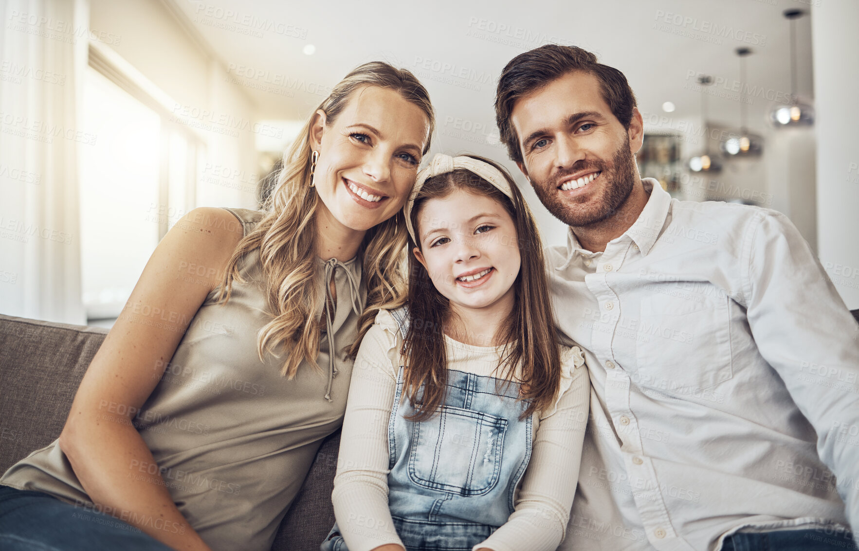 Buy stock photo Portrait, mother or father with a girl as a happy family in living room bonding in Australia with love or care. Child, smile or parents relaxing with a smile enjoying quality time on a fun holiday 