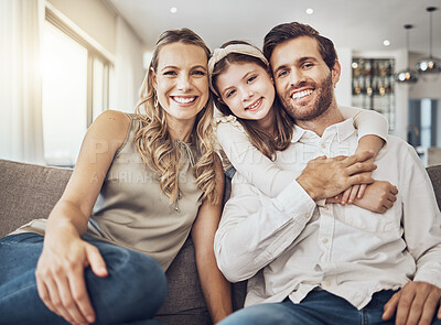 Buy stock photo Portrait, mother or father hugging a girl to relax as a happy family in living room bonding in Australia with love or care. Trust, embrace or parents smile with kid enjoying quality time on a holiday