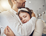 Love, hug or father with a girl to relax as a family in living room bonding in Australia for childcare.  Hugging, sleeping or dad with calm kid enjoying quality time on a peaceful holiday at home 