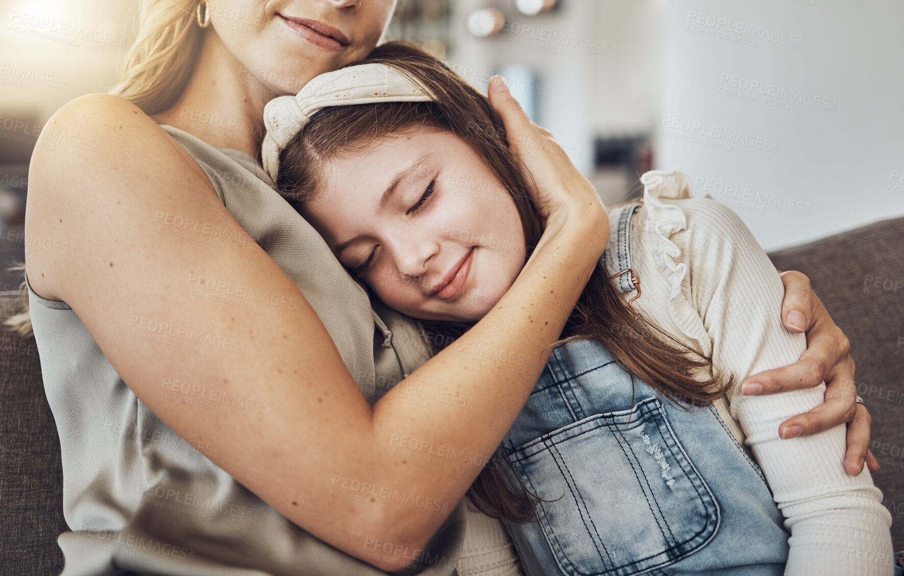 Buy stock photo Love, hug or mother with a girl to relax as a family in living room bonding in Australia for childcare. Hugging, smile or mom with a happy calm kid enjoying quality time on a peaceful holiday at home