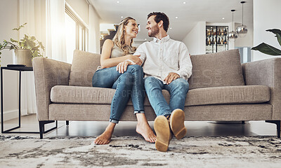 Buy stock photo Love, comfy and couple on the sofa to relax with a smile and gratitude in living room. Happiness, laughing and happy man and woman comfortable on the couch for peace, conversation and affection
