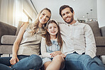 Portrait, mother or father with a kid to relax as a happy family in living room bonding in Australia with love or care. Hugging, trust or parent smile with girl enjoying quality time on a fun holiday