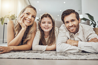 Buy stock photo Portrait, mother or father with a girl on floor relaxing as a happy family bonding in Australia with love or care. Carpet, trust or parents smile with kid enjoying quality time on a fun holiday 