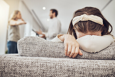 Buy stock photo Sad little girl, sofa and parents in fight, conflict or disagreement in the living room at home. Family, divorce and husband in argument with wife and crying child on lounge couch in depression