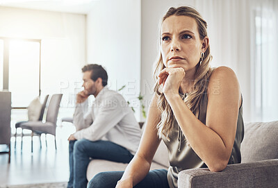Buy stock photo Angry, ignore and couple on sofa in fight, divorce or depression for marriage problem, stress and sad. Woman thinking with partner fail or people in living room with conflict, anger and frustrated