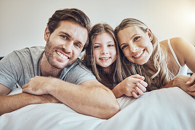Buy stock photo Portrait, mother or father with a girl in bedroom relaxing as a happy family bonding in Australia with love or care. Morning, face or fun parents smile with kid enjoying quality time on a holiday