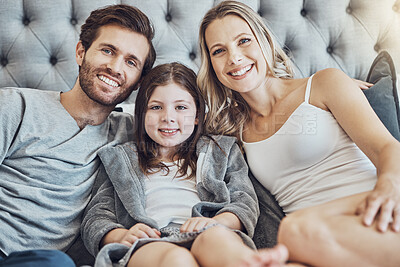 Buy stock photo Portrait, mother or father with a child in bedroom relaxing as a happy family bonding in Australia with love or care. Morning, face or fun parents smile with a girl enjoying quality time on a holiday