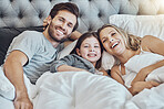 Love, family and portrait in home bedroom, laughing at funny joke and bonding together. Care, comic and happy man, woman and girl, child or kid in bed, having fun and enjoying quality time in house.