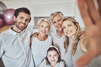 Buy stock photo Birthday, party and family selfie in kitchen for happy memory, social media or profile picture. Love, portrait or girl, mother and father with grandparents taking pictures together to celebrate event