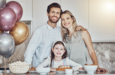 Buy stock photo Portrait, family or girl in celebration of a happy birthday in a house party or kitchen with a smile popcorn or cake. Mother, dad or child bonding or hugging with love at home to celebrate together
