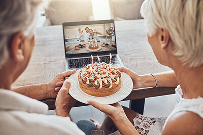 Buy stock photo Birthday, cake and couple on video call on laptop for party, celebration or event in home. Big family, senior or man and woman holding food while talking to people on computer in online conference.